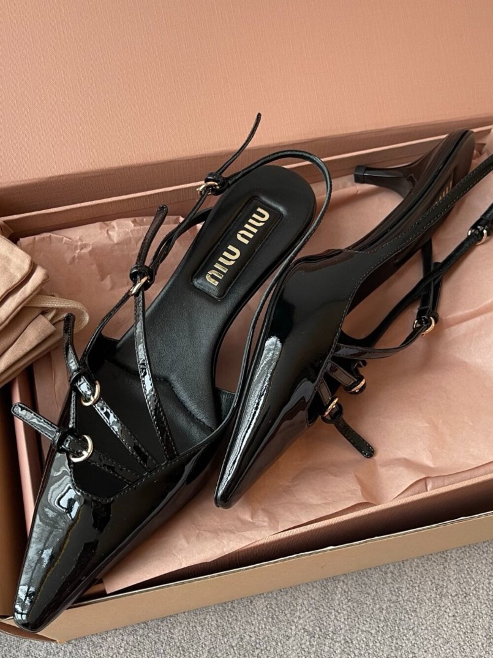 Miu Miu Patent Leather Strappy Pointed-Toe Open-Back High-Heeled Sandals - Picture 3 of 8